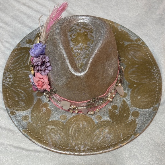 Hand Painted Boho Glam Festive Hat • Feather• Rhinestone • Butterfly • Floral - Picture 9 of 11